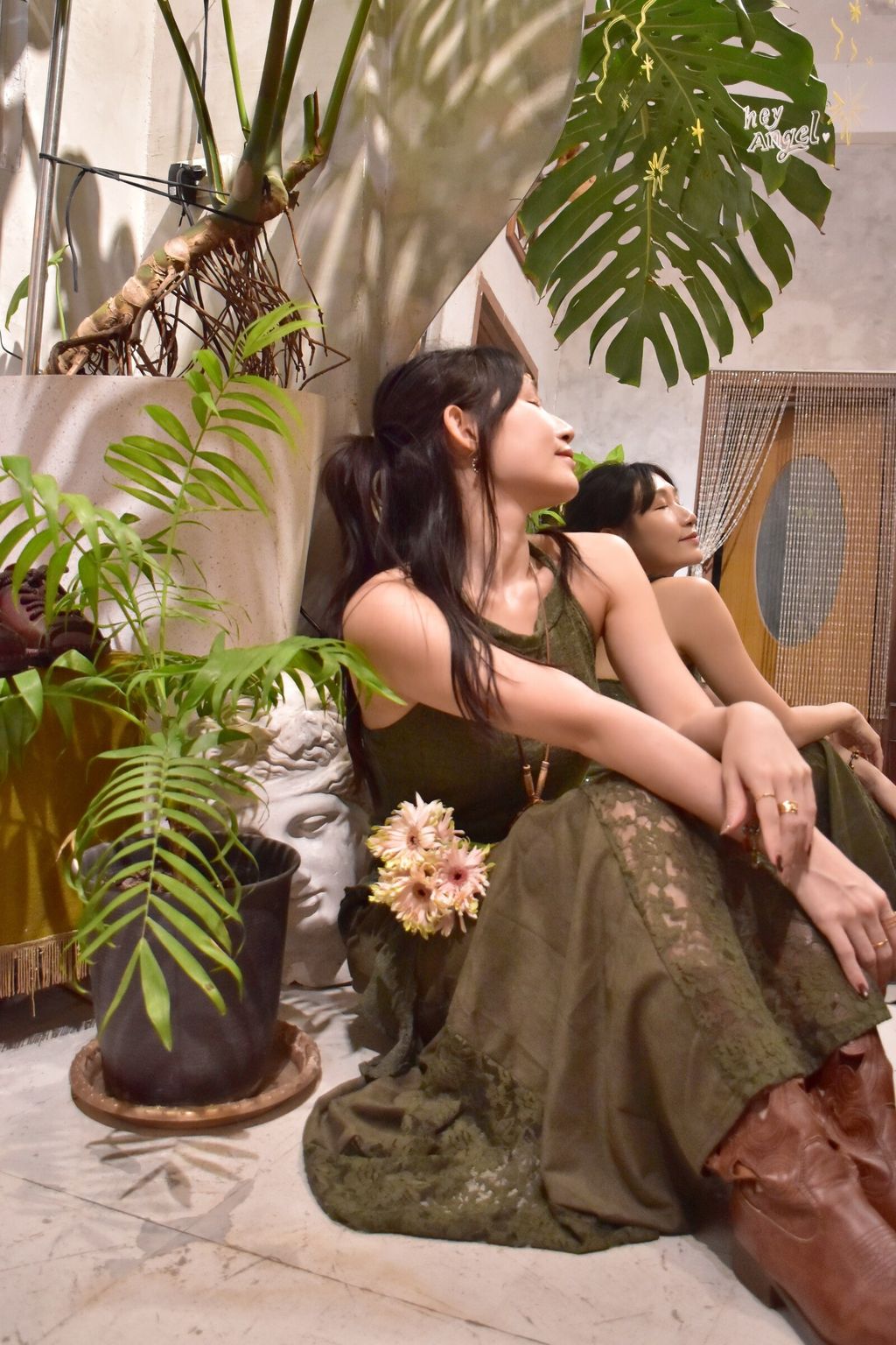 918絨面蕾絲拼接半裙-森林綠-1