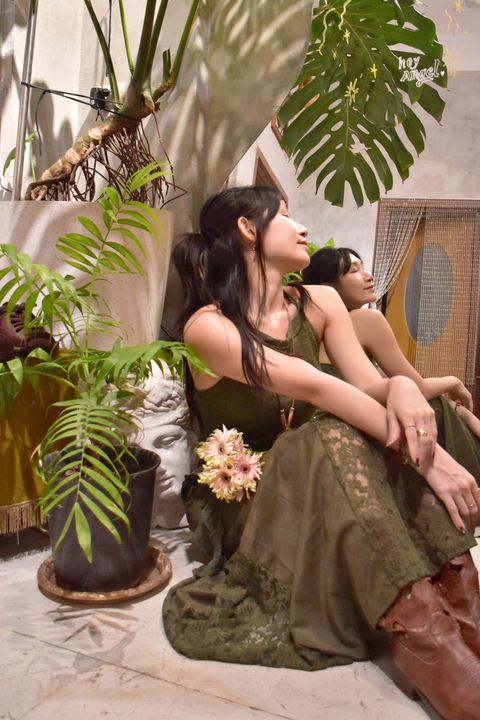 918絨面蕾絲拼接半裙-森林綠-1