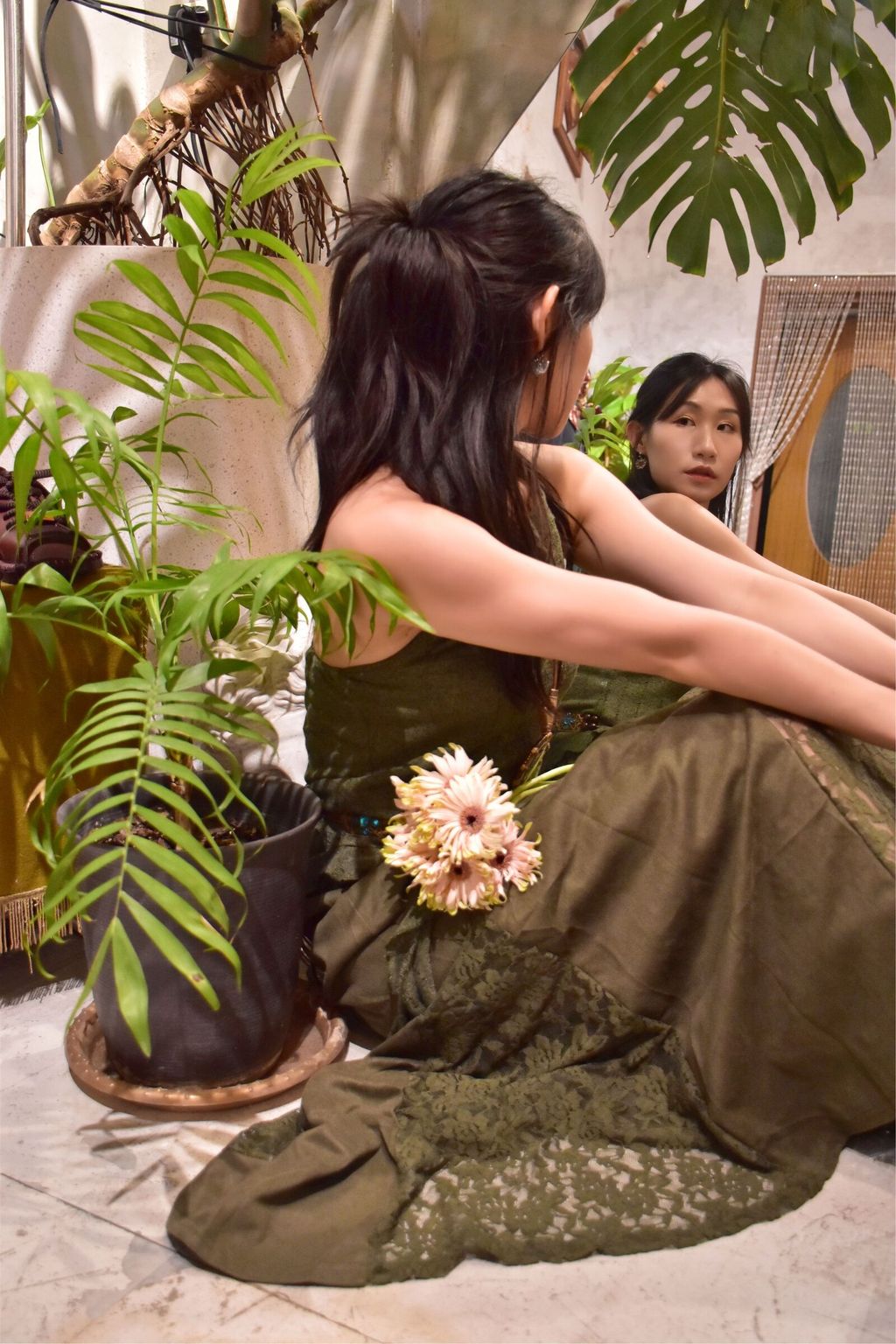 918絨面蕾絲拼接半裙-森林綠-2