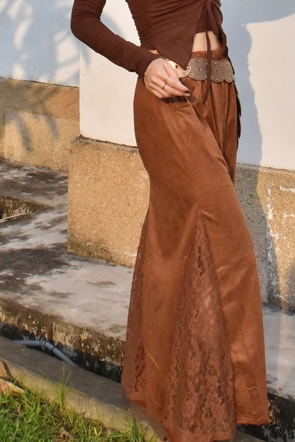 1020絨面蕾絲拼接半裙｜大地咖-2