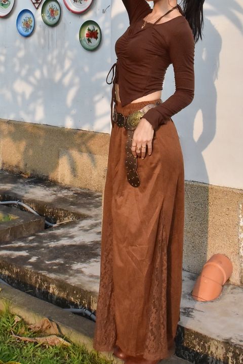 1020絨面蕾絲拼接半裙｜大地咖-3