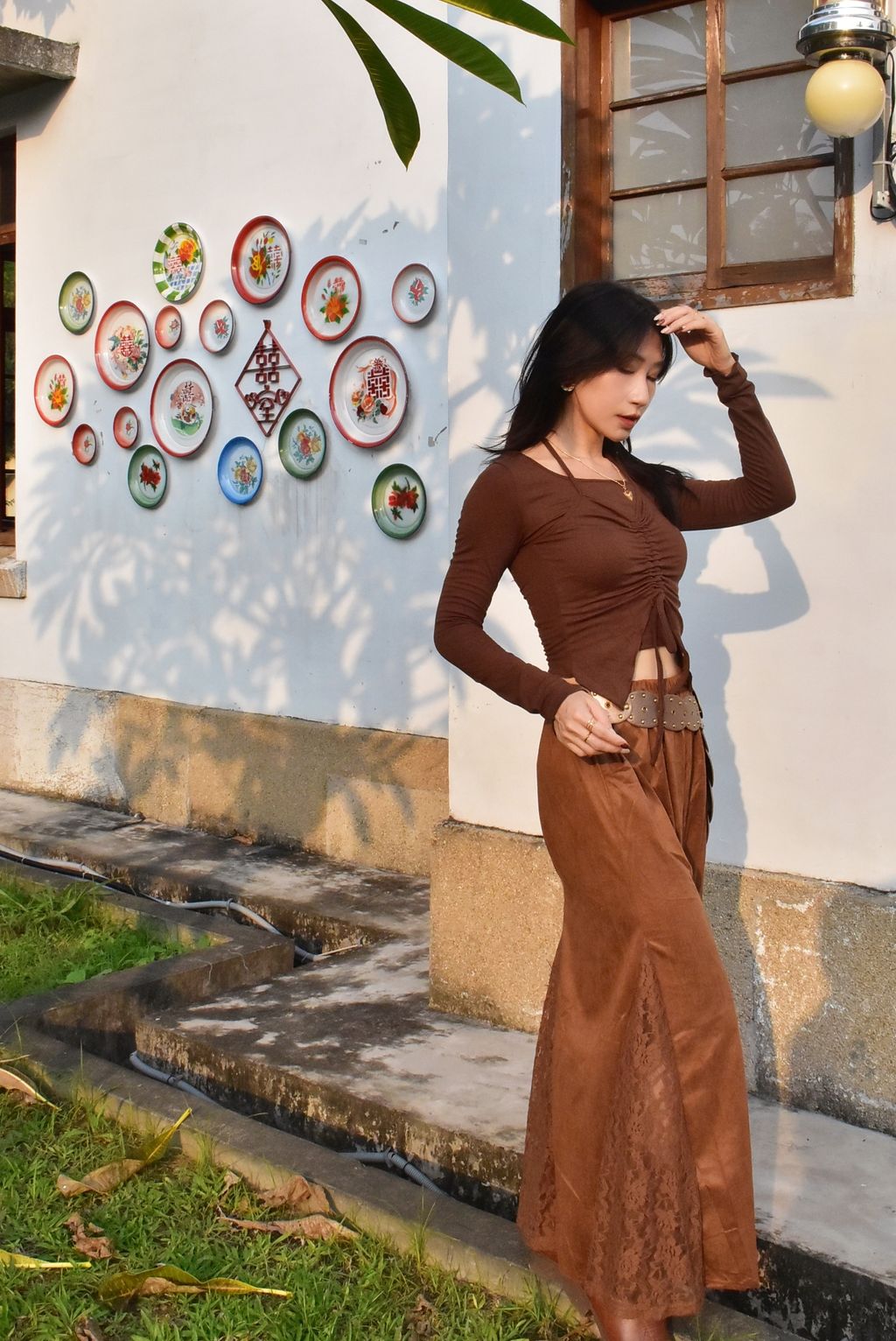 1020絨面蕾絲拼接半裙｜大地咖-1