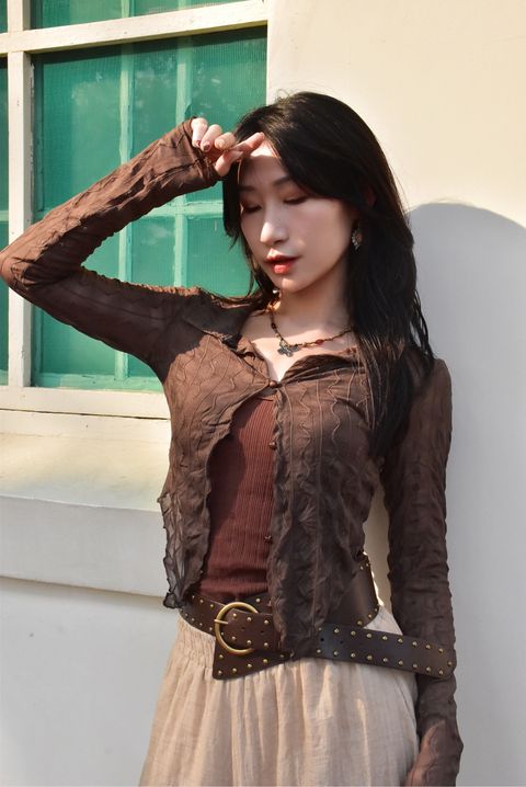 1011波紋透紗襯衫｜大地咖-2