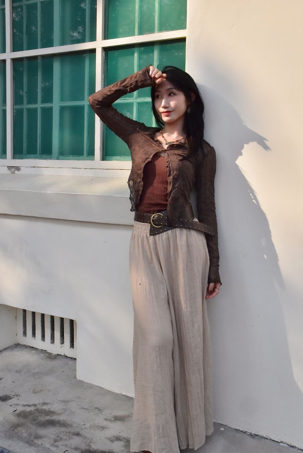 1011波紋透紗襯衫｜大地咖-3