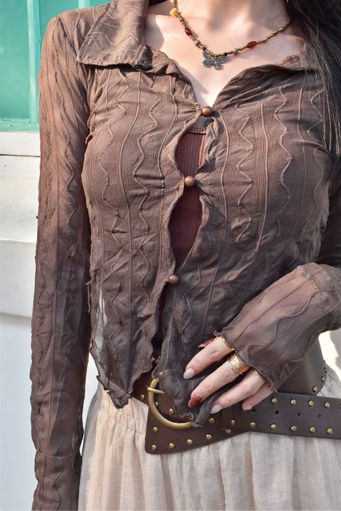 1011波紋透紗襯衫｜大地咖-1