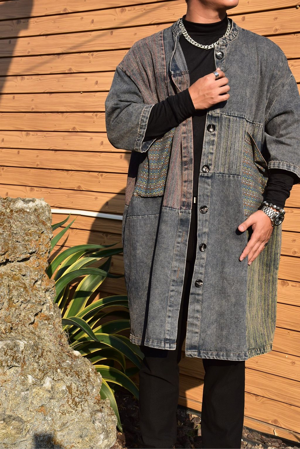 1028中性民族風牛仔拼貼外套-6