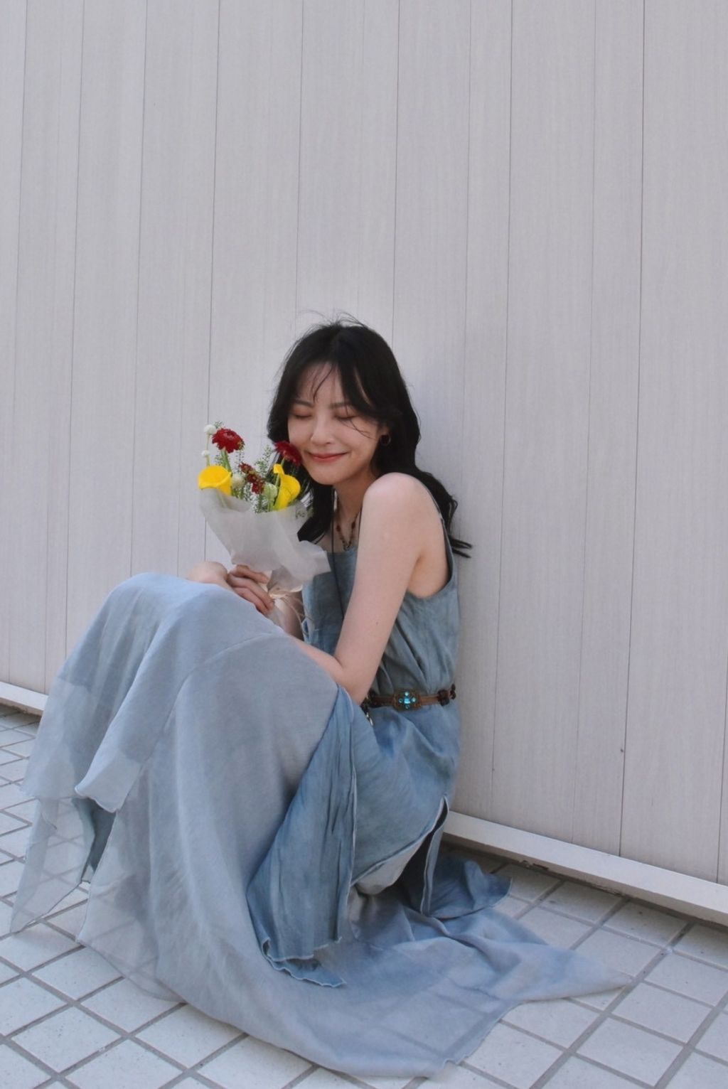 1004植物紮染｜透紗吊帶連身裙｜天空藍-3