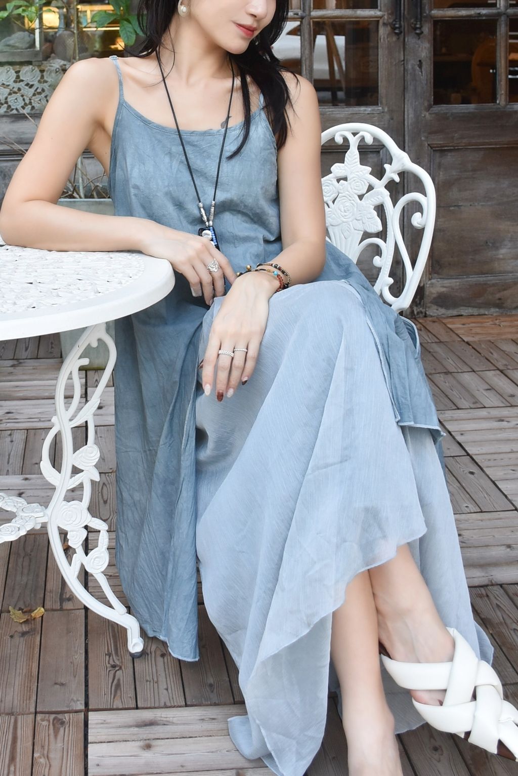 1004植物紮染｜透紗吊帶連身裙｜天空藍-6