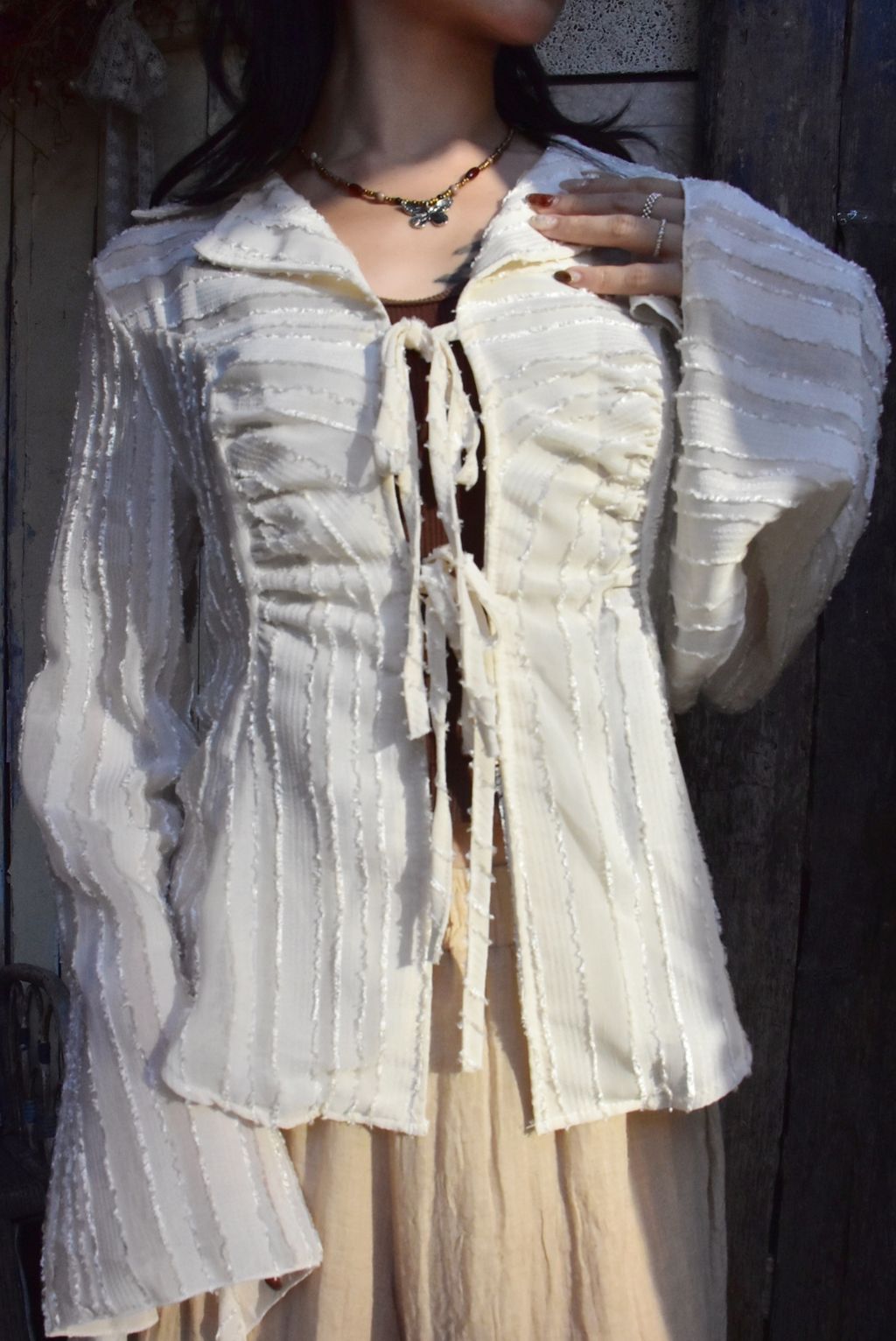 1008條紋綁帶襯衫｜雪花白-1