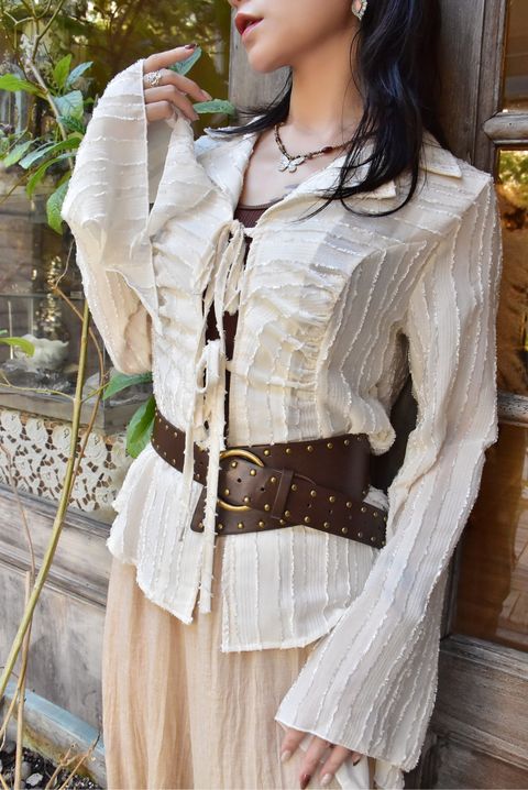 1008條紋綁帶襯衫｜雪花白-3