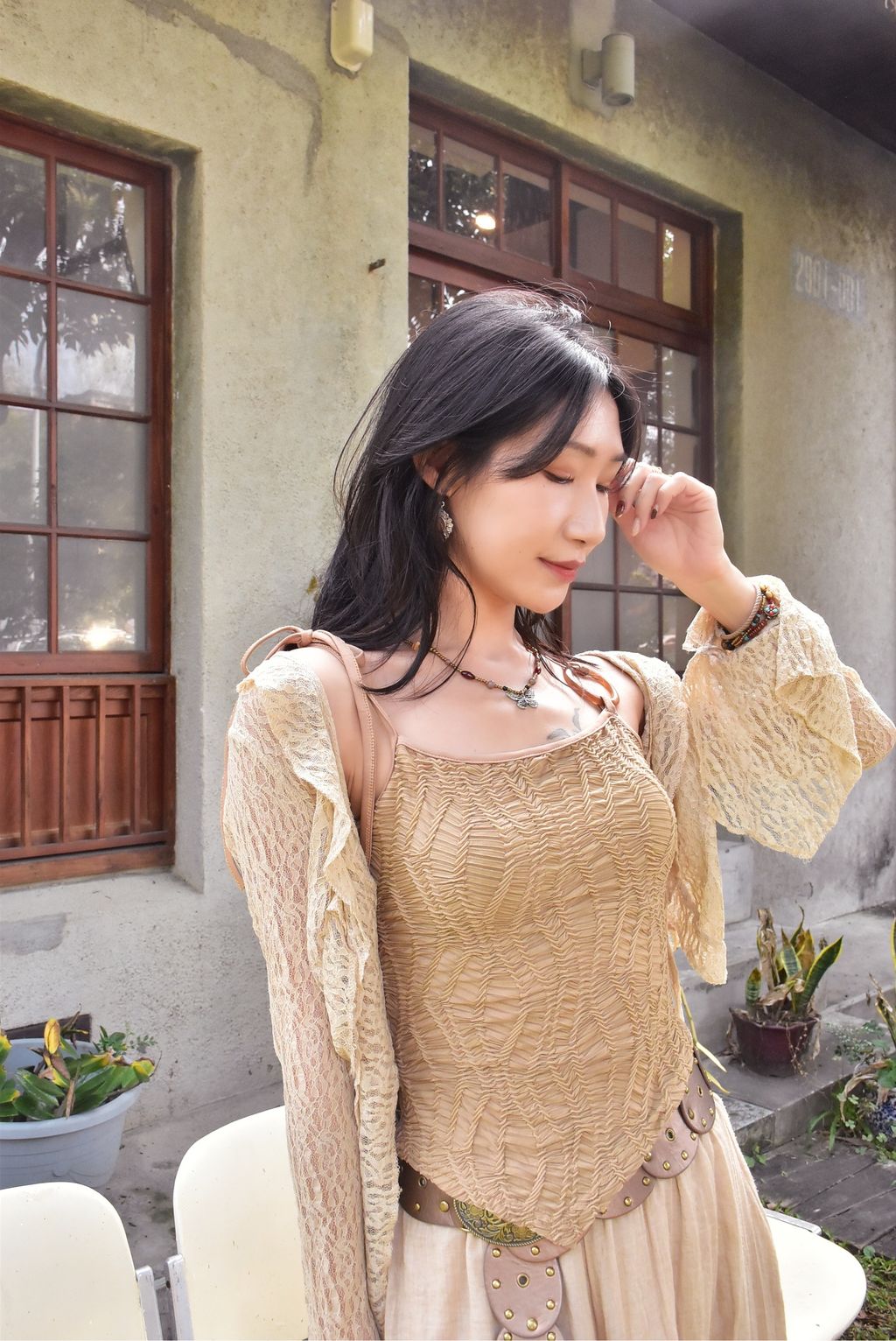 1024葉片綁帶環狀吊帶｜亞麻色-7