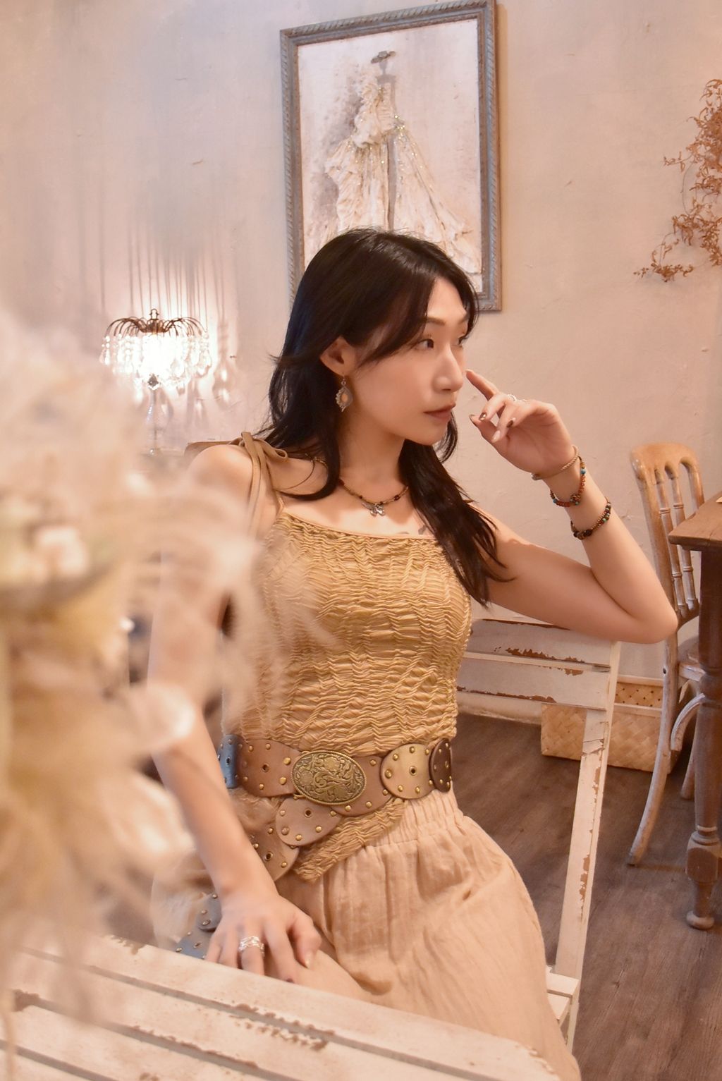 1024葉片綁帶環狀吊帶｜亞麻色-1