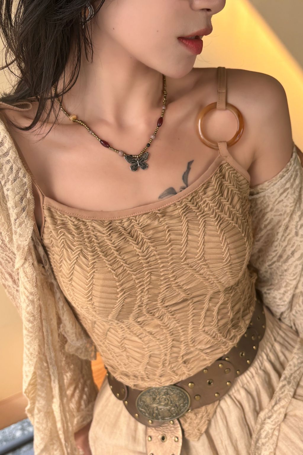 1024葉片綁帶環狀吊帶｜亞麻色-4