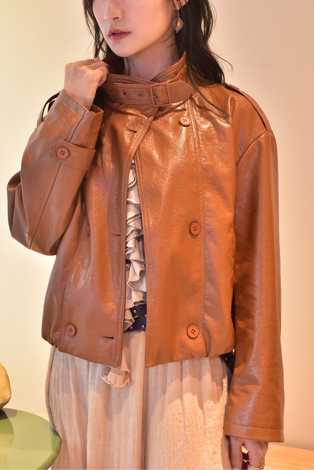 1103風衣版收腰皮外套｜楓葉棕-7