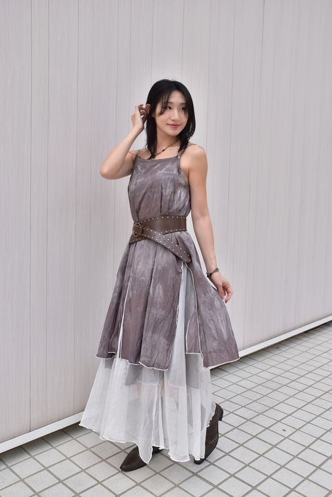 1201植物紮染｜透紗吊帶連身裙｜晚霞紫-1