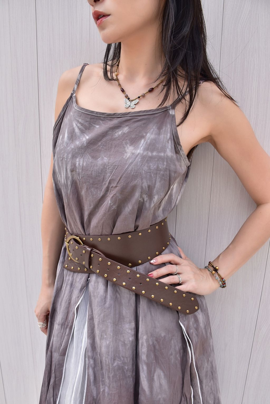 1201植物紮染｜透紗吊帶連身裙｜晚霞紫-6