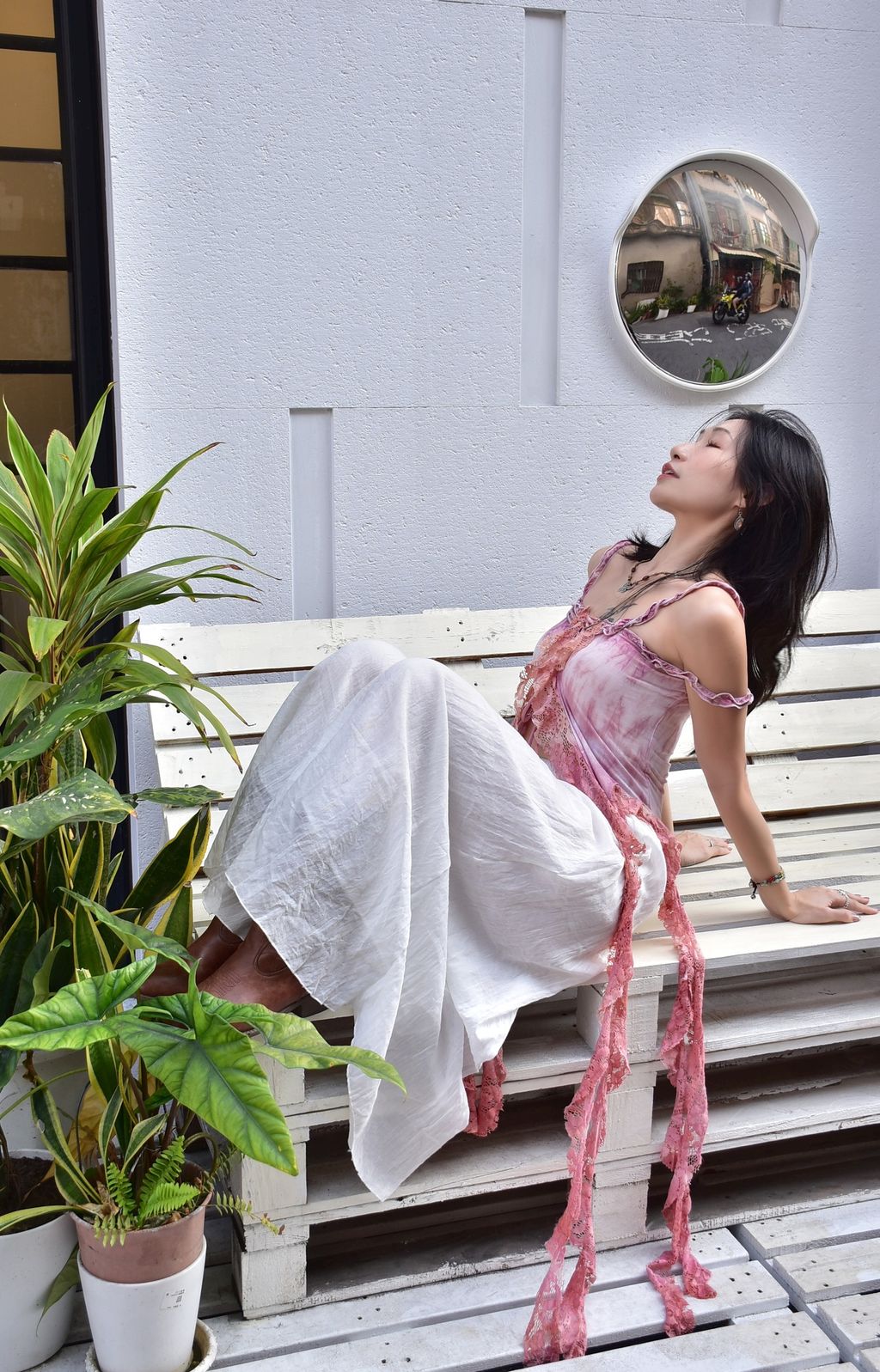 6102A植物紮染｜蕾絲飄逸吊帶｜鮮花粉-1