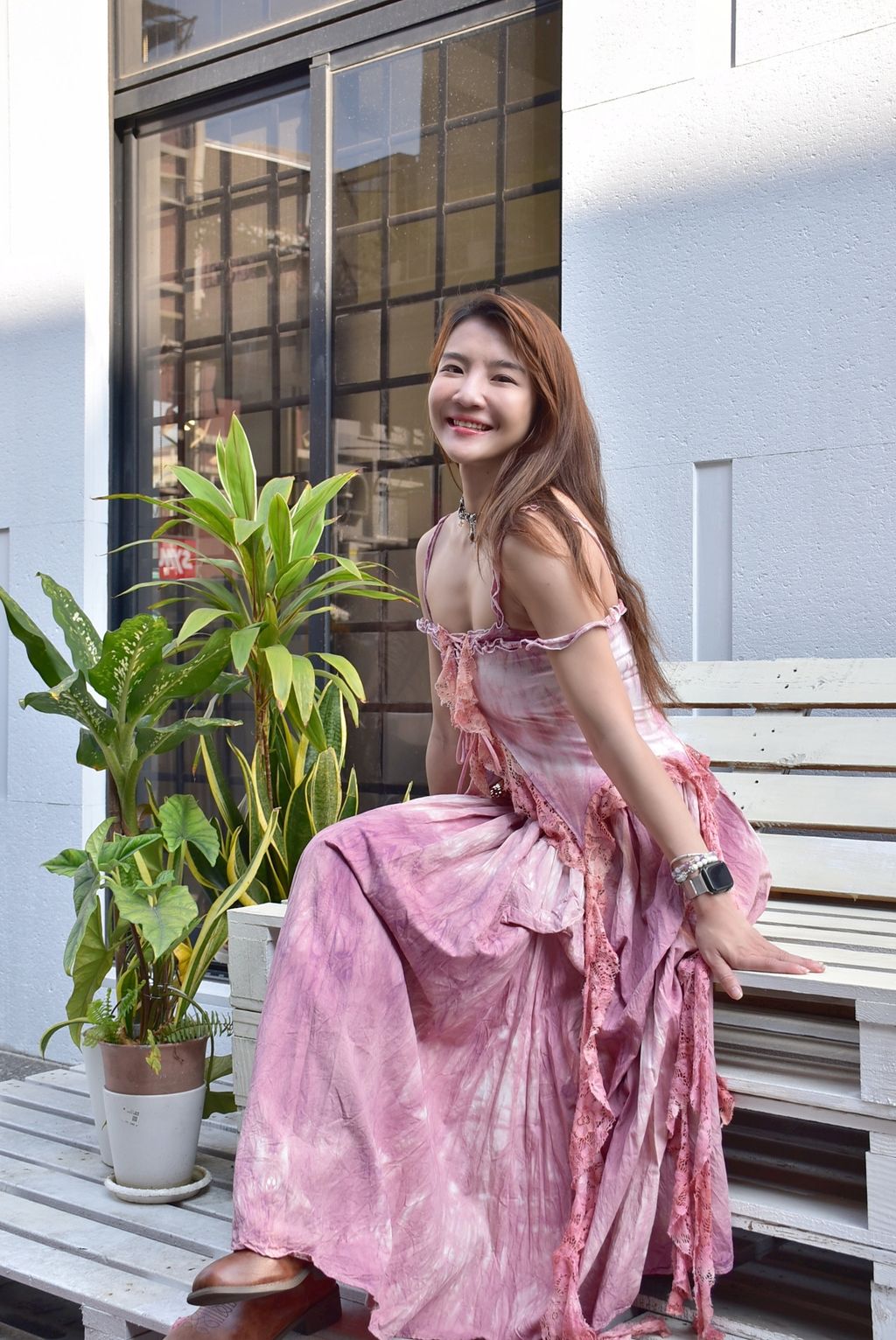 6102A植物紮染｜蕾絲飄逸吊帶｜鮮花粉-5