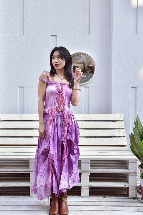 6103B植物紮染｜褶皺不規則半裙｜丁香紫-2