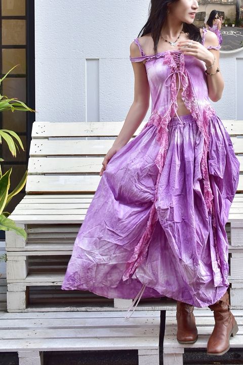 6103B植物紮染｜褶皺不規則半裙｜丁香紫-1