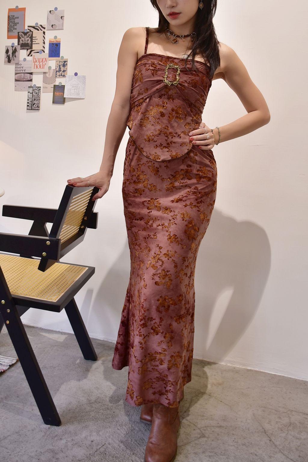 6110植絨印花長裙｜朝暮粉-1