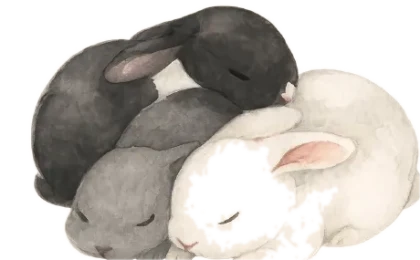 Watercolor illustration of two rabbits sleeping together