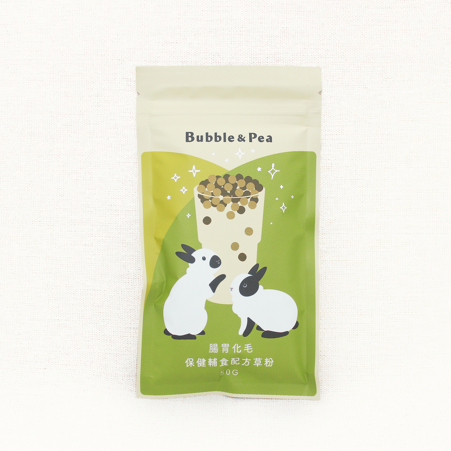 Bubble & Pea Gastrointestinal & Hairball Care Hay Powder in its 50 g pouch