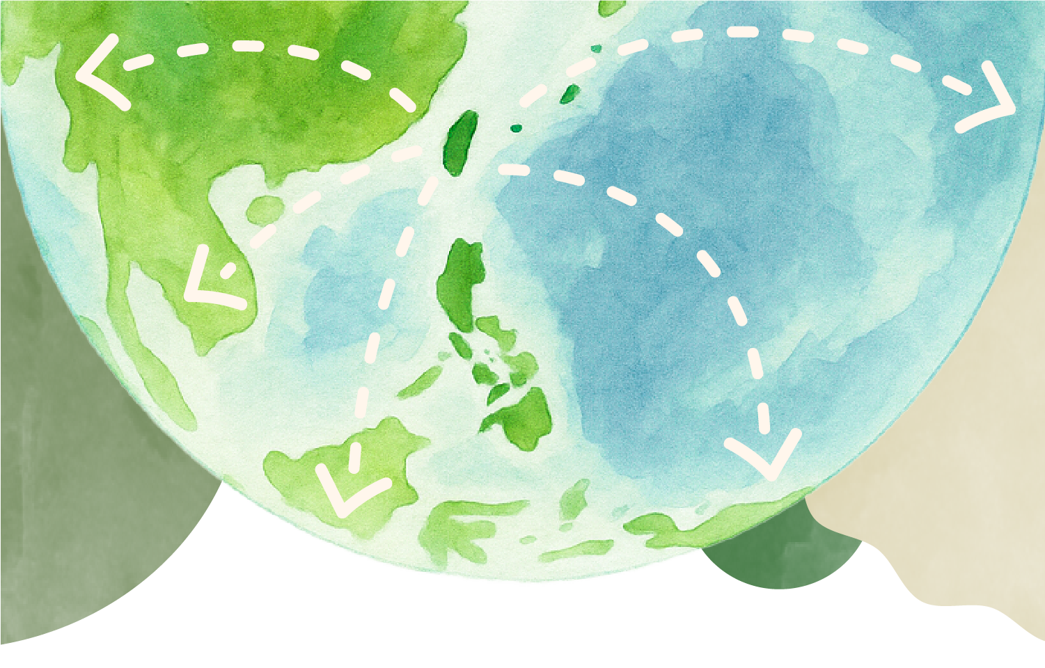 Watercolor globe centered on Taiwan, with dotted arrows traveling out to other countries
