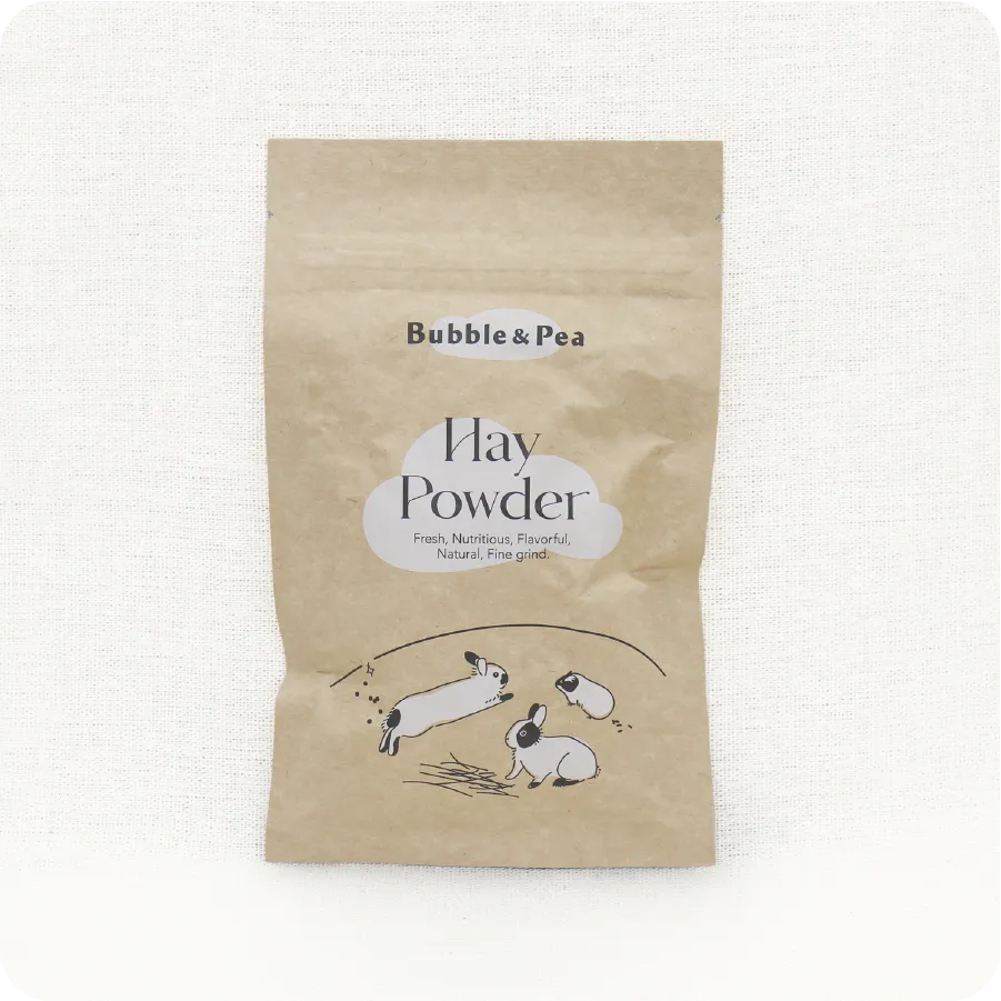 A 10 g trial pouch of Bubble & Pea Hay Powder