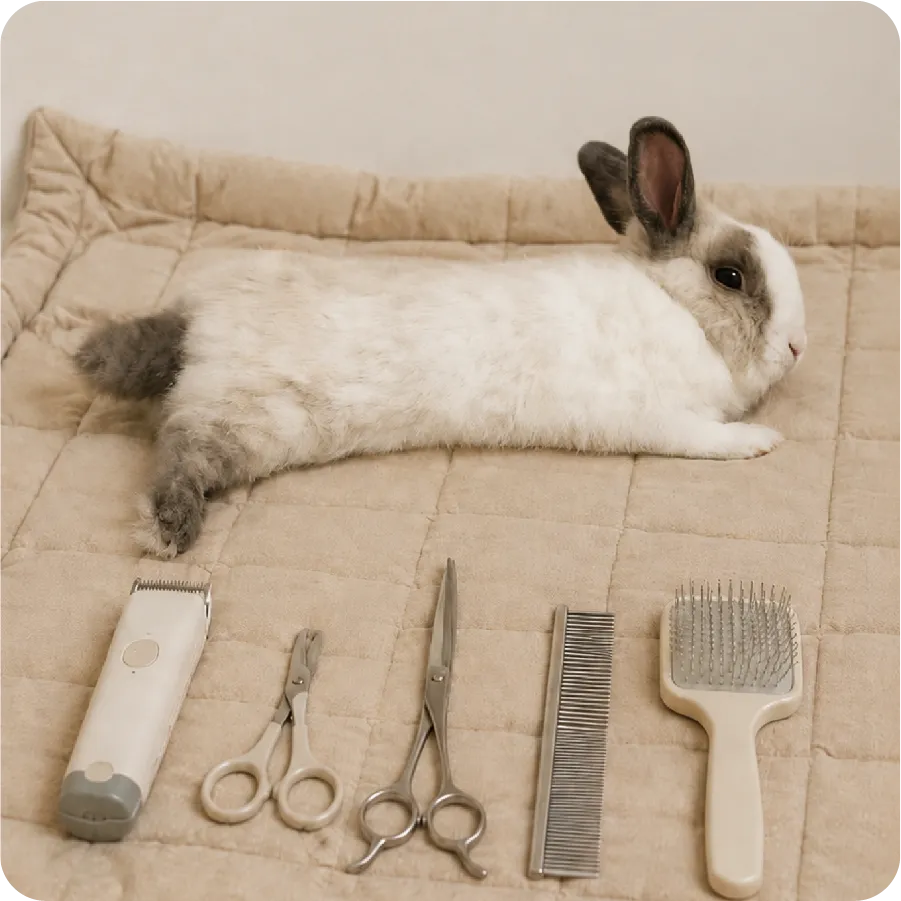 A rabbit resting beside rabbit grooming tools: clippers, nail scissors, shears, a comb and a brush