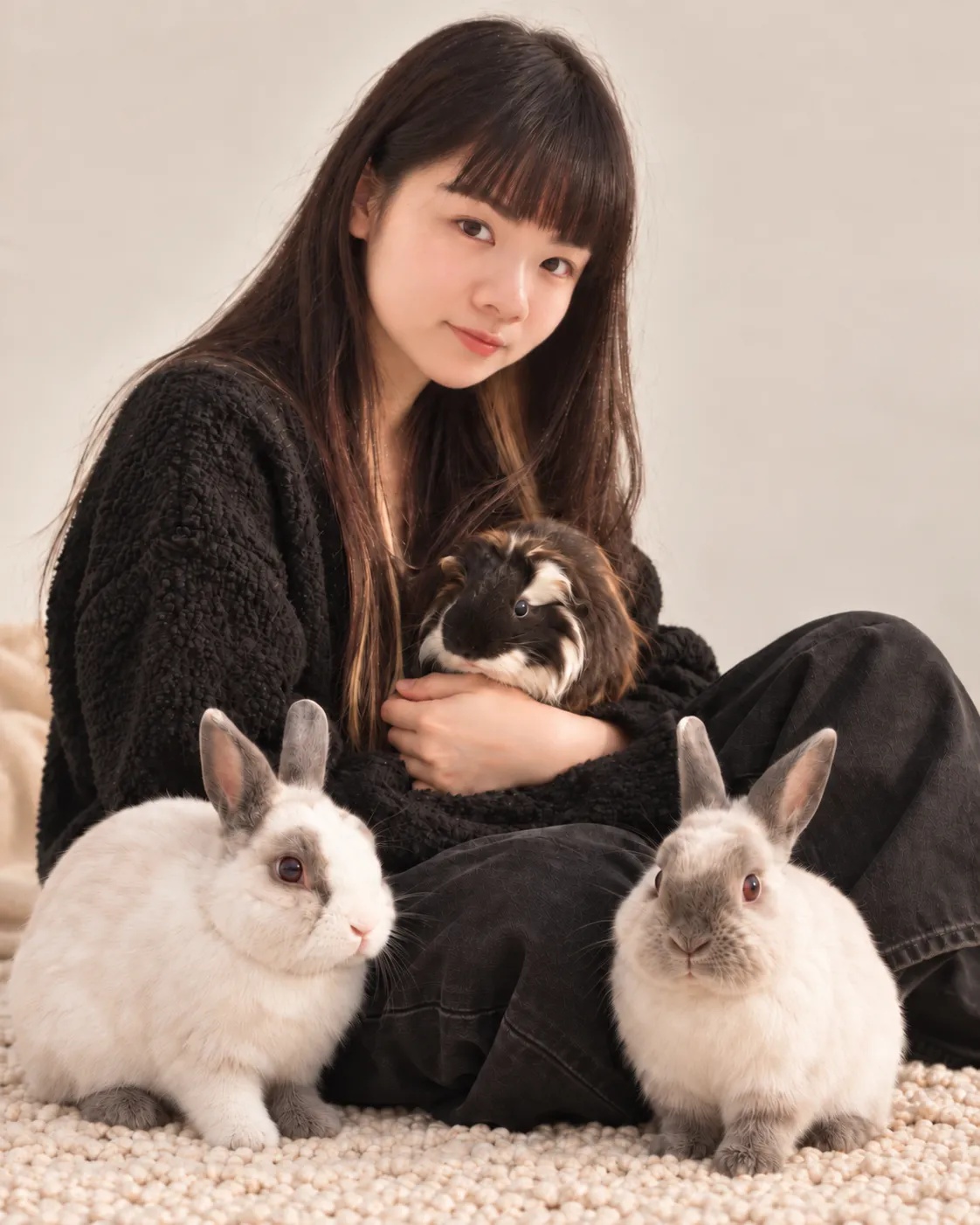 The founder of Bubble & Pea at home with her rabbits