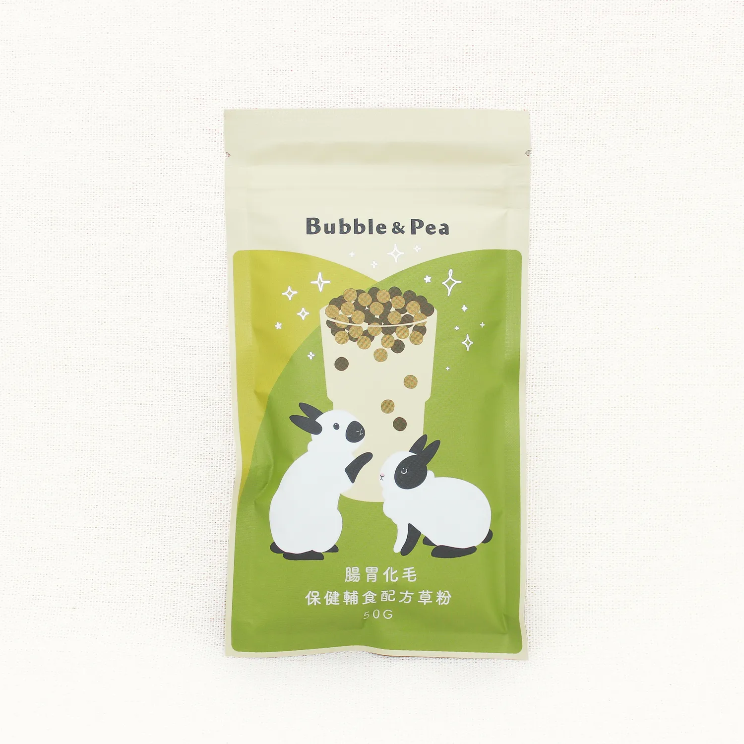 Bubble & Pea Gastrointestinal & Hairball Care Hay Powder in its 50 g pouch