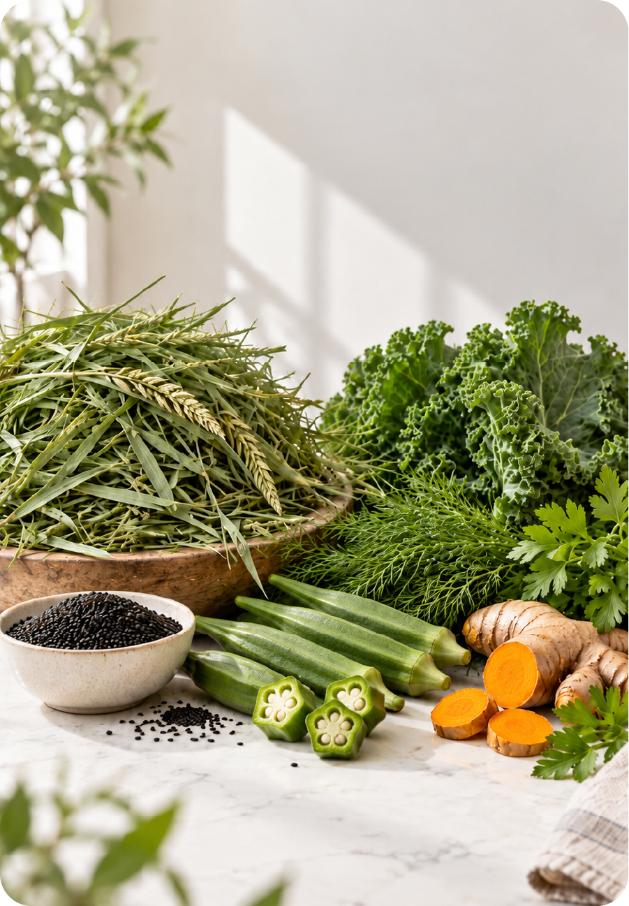 Timothy hay with kale, okra, dill, parsley, black sesame and turmeric on a kitchen counter