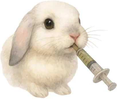 Illustration of a rabbit being syringe-fed hay powder