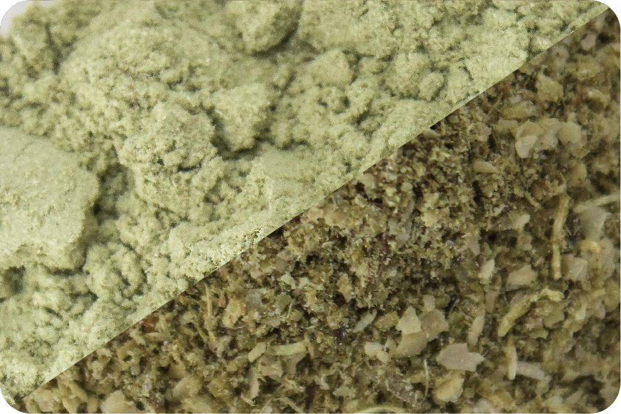 Finely milled hay powder on one side and compressed rabbit pellets on the other