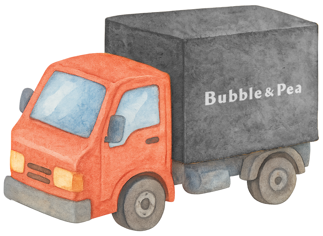 Watercolor illustration of a Bubble & Pea delivery truck