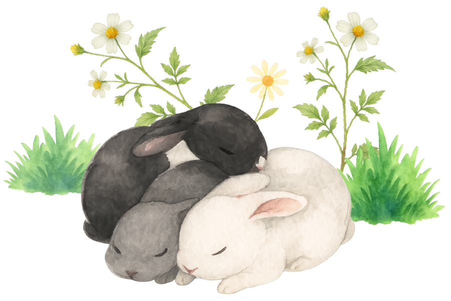 Watercolor illustration of three rabbits sleeping together among daisies