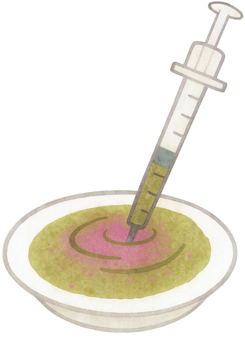 Watercolor illustration of a syringe in a bowl of hay powder puree swirled with berry powder