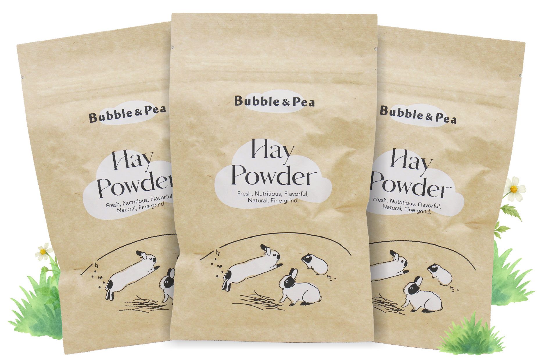 Three Bubble & Pea hay powder pouches