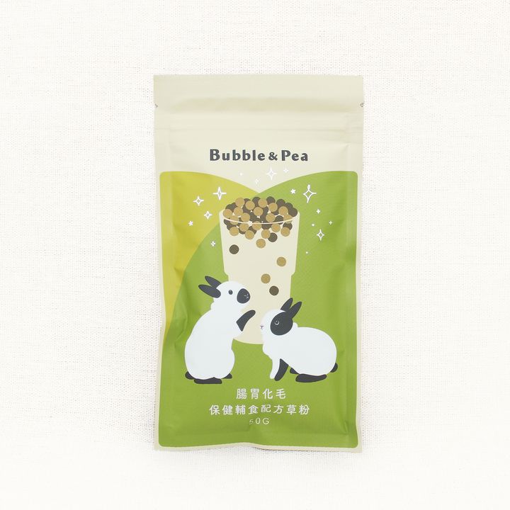 A pouch of Bubble & Pea Gastrointestinal & Hairball Care hay powder