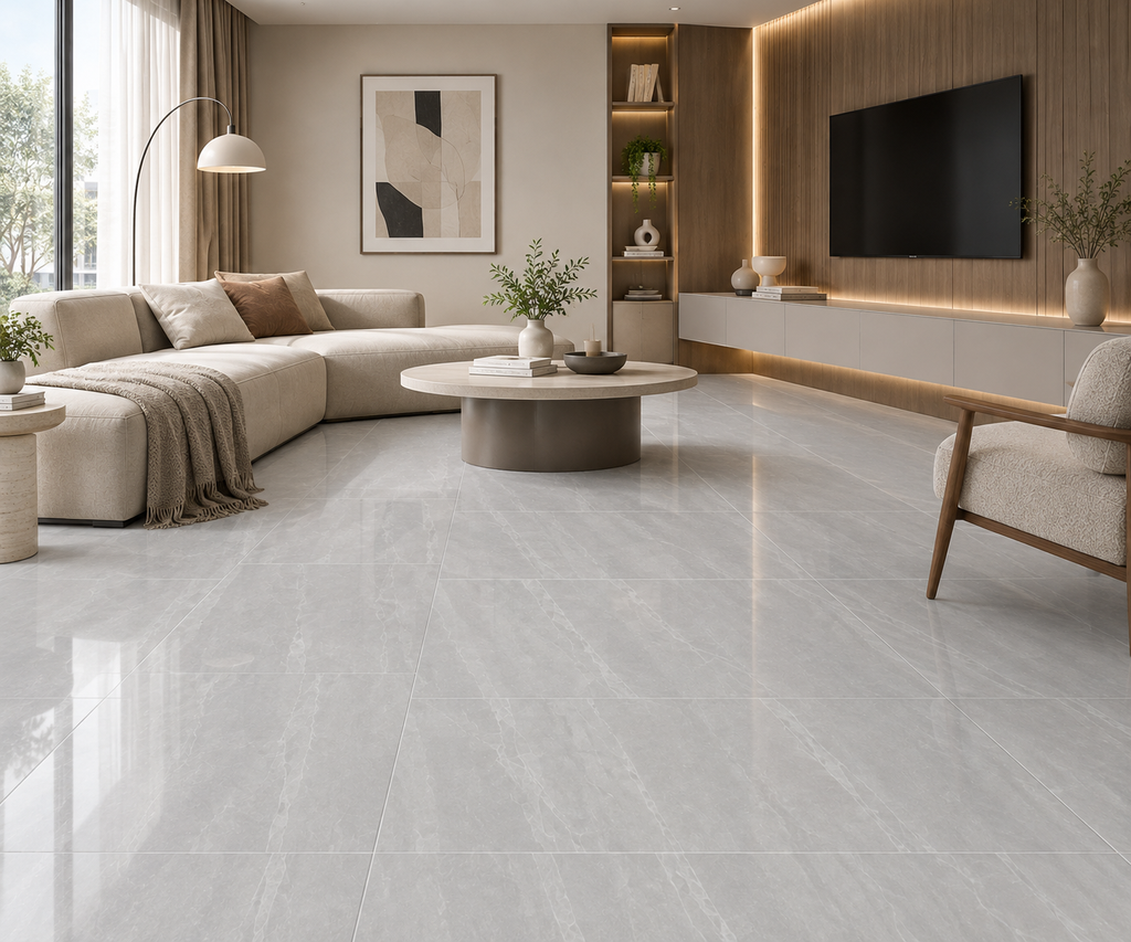 Scandinavian Living Room with Marble-Effect Tiles
