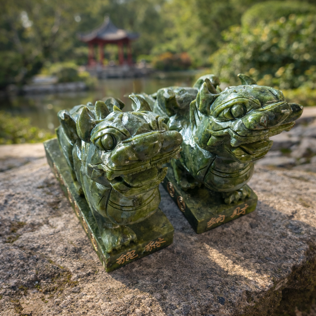 青韵守财· 东陵玉貔貅摆件Green Aventurine Pixiu Guardian Set – BaiLong