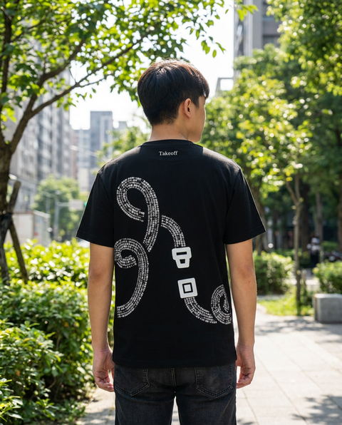 Firefly_Gemini Flash_生成一張約20-30歲的亞洲男性穿著以下衣服在戶外有綠意的城市中的自然寫實照片，照片以人物為主角，佔一半以上的畫面，能清楚看見衣服上的圖樣。參考圖一的左邊為衣服正面，右邊 848047