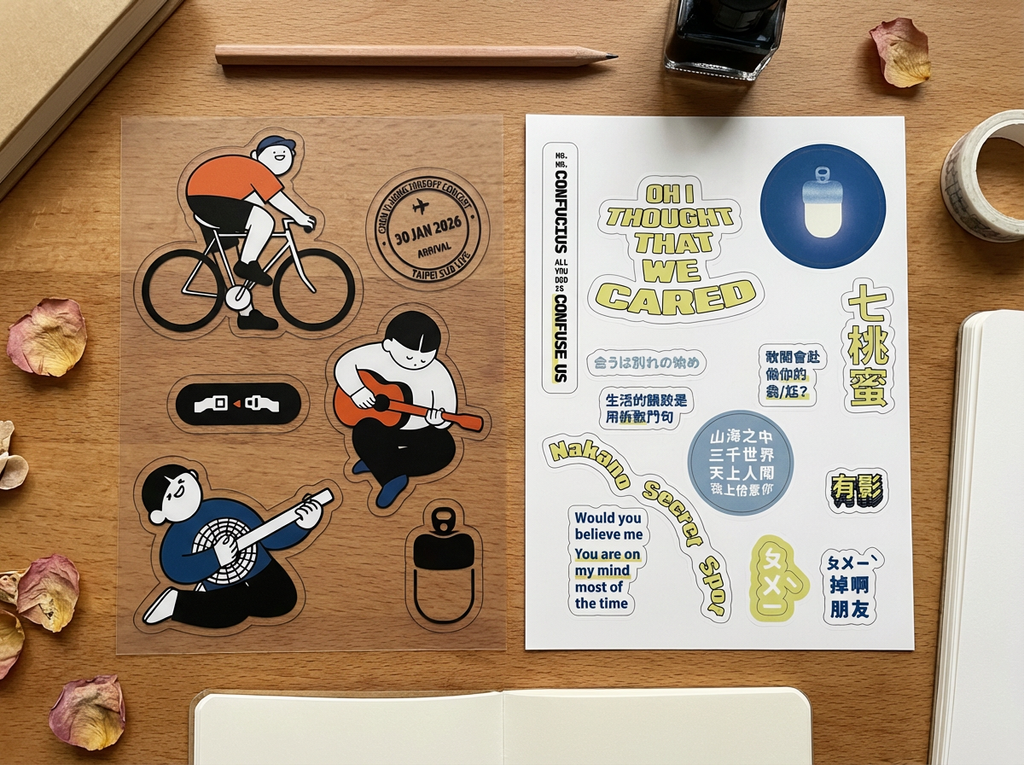 Firefly_Gemini Flash_生成一張圖一的透明底色貼紙（所有圖像都沒有白邊）和圖二的白色底色貼紙的商品圖，兩張貼紙自然放在桌上。桌上有些自然的文具裝飾，使整張貼紙商品圖更具吸引力，但仍聚焦在貼紙上。 848047