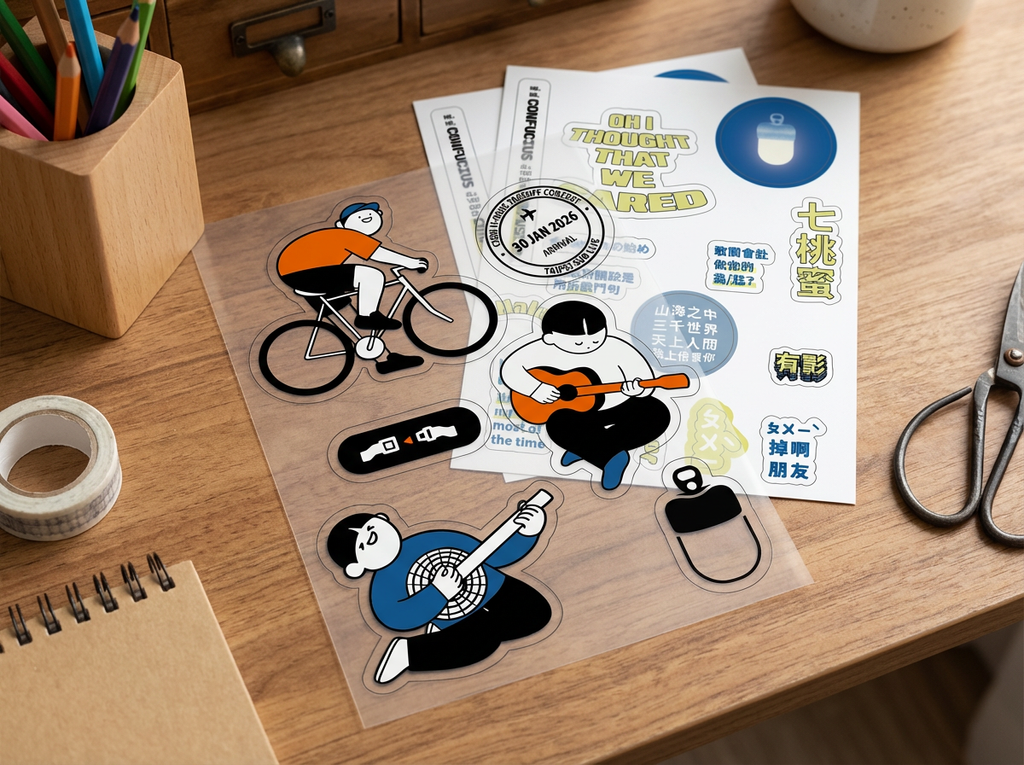 Firefly_Gemini Flash_生成一張圖一的透明底色貼紙（所有圖像都沒有白邊）和圖二的白色底色貼紙的商品圖，兩張貼紙自然放在桌上，以圖一為主角，圖二為配角。桌上有些自然的文具裝飾，使整張貼紙商品圖更具 848047