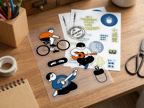 Firefly_Gemini Flash_生成一張圖一的透明底色貼紙（所有圖像都沒有白邊）和圖二的白色底色貼紙的商品圖，兩張貼紙自然放在桌上，以圖一為主角，圖二為配角。桌上有些自然的文具裝飾，使整張貼紙商品圖更具 848047