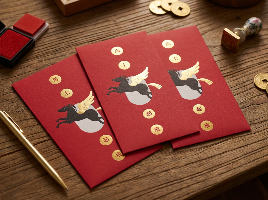 Firefly_生成一張參考圖的紅包袋商品圖，圖中馬的翅膀和尾巴為燙金材質，紅包紙材為紅卡。2-3個紅包袋自然擺放在桌上，桌邊有其他文具做陪襯。 288078