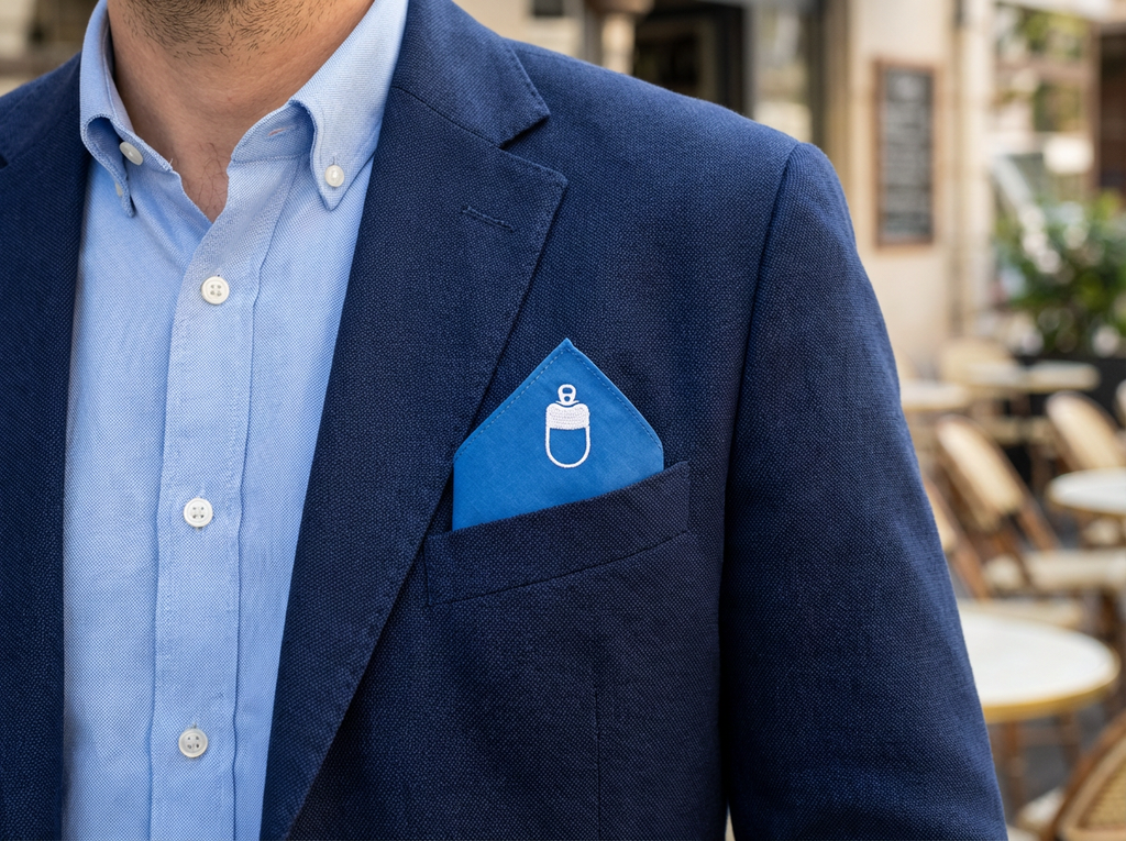Firefly_Gemini Flash_生成一張手帕商品使用情境圖，手帕收在一名身著smart casual 服裝的男性左胸前的口袋，露出三角形的區塊，上有白色圖示。手帕對折四次後為10-10cm的大小，折疊後 683913