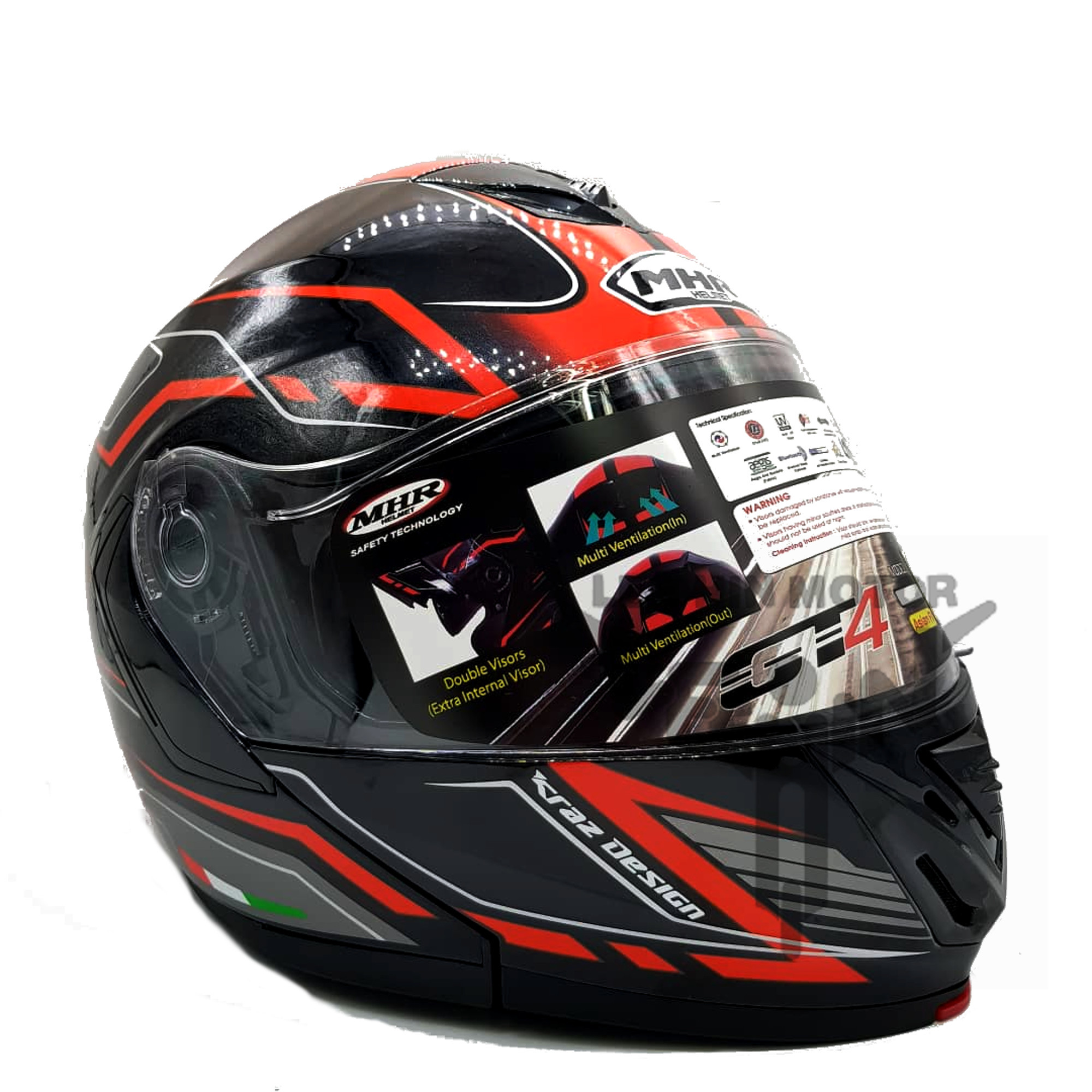 Original MHR FU329 Double Visor Flip Up Full Face Helmet ( Black Red