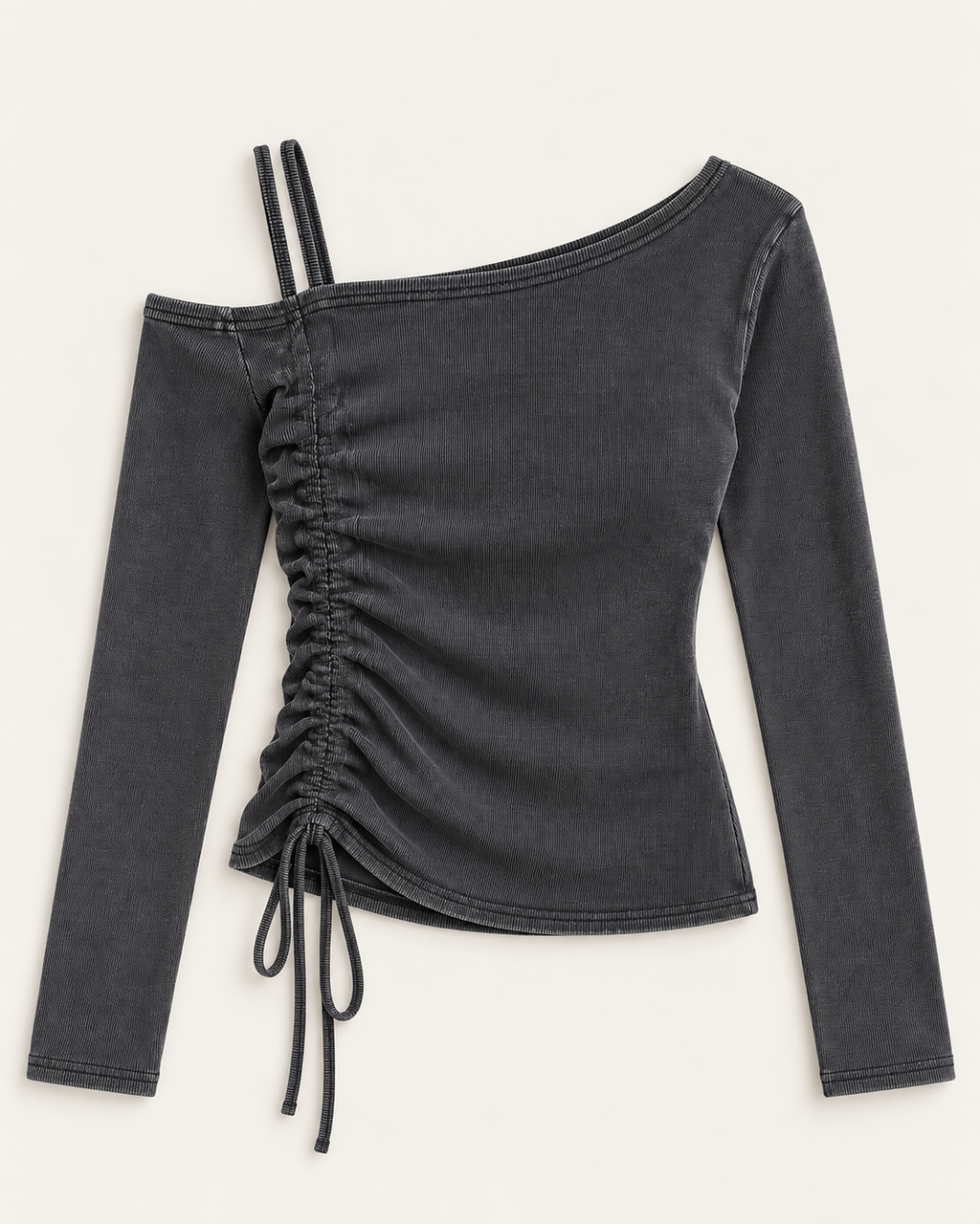Charcoal Asymmetrical Ruched Ribbed Top